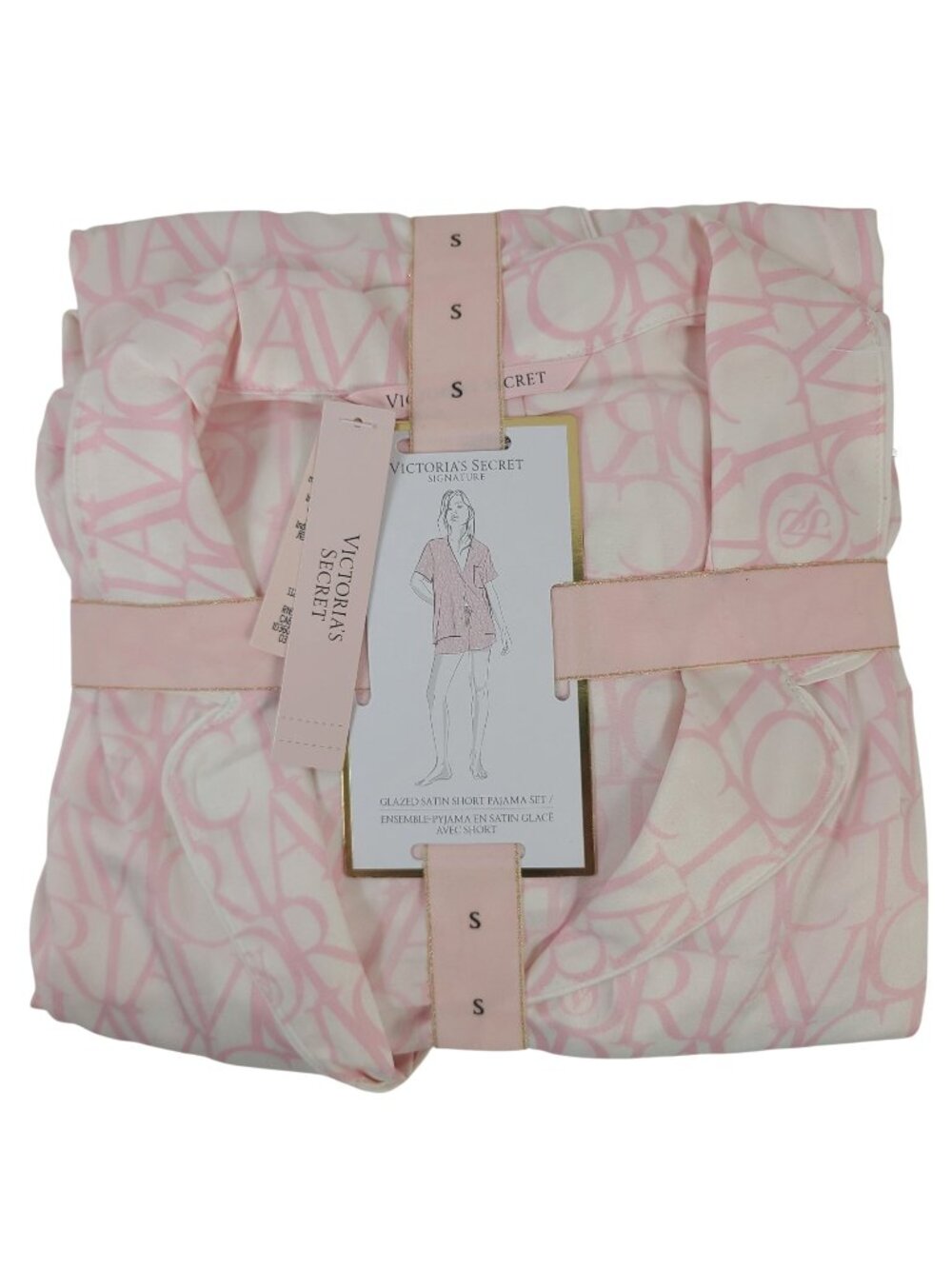 NEW Victorias Secret Signature Glazed Satin Short Pajama Set S Pink/White
